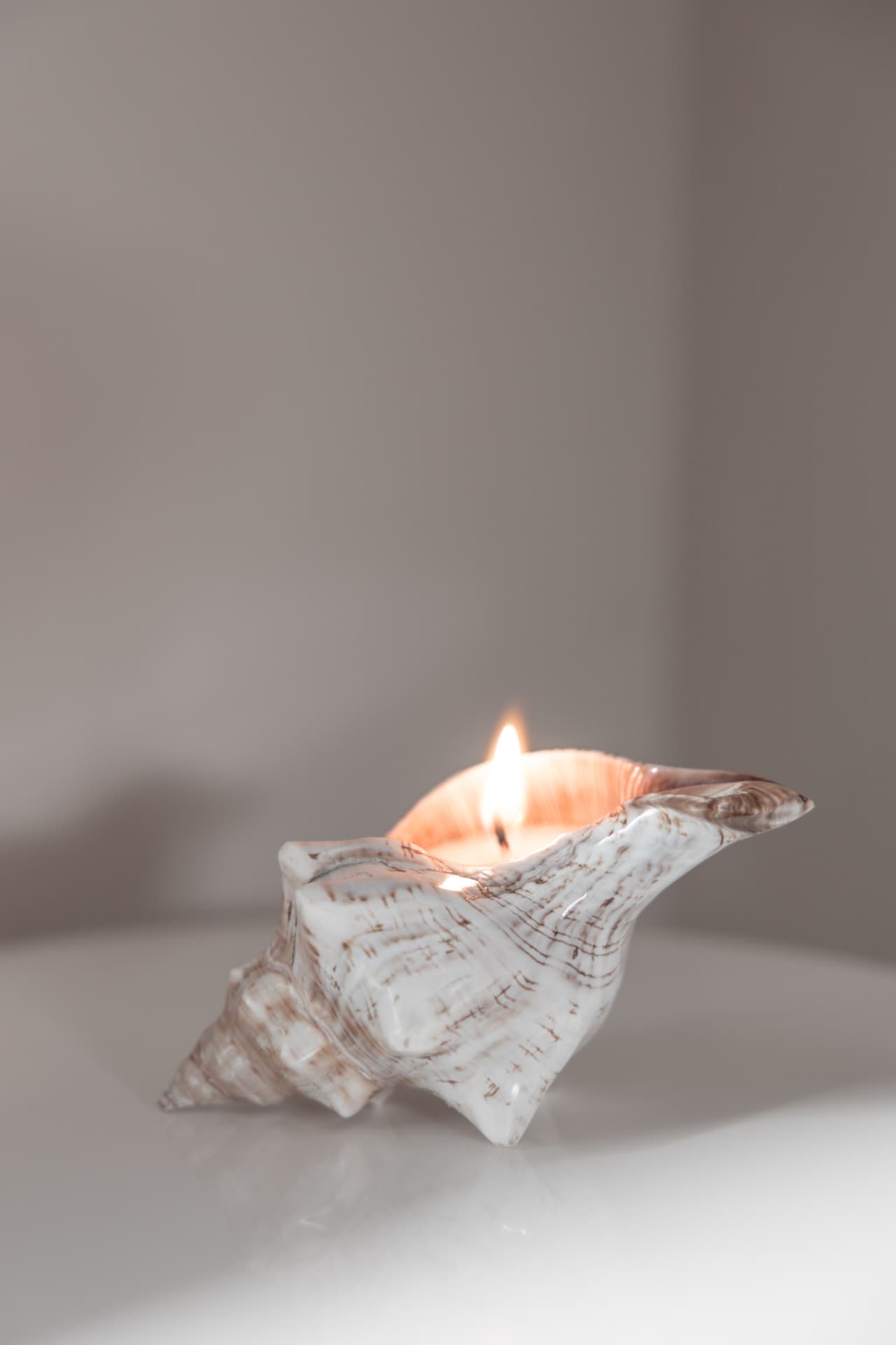 A lit candle glowing inside a white seashell